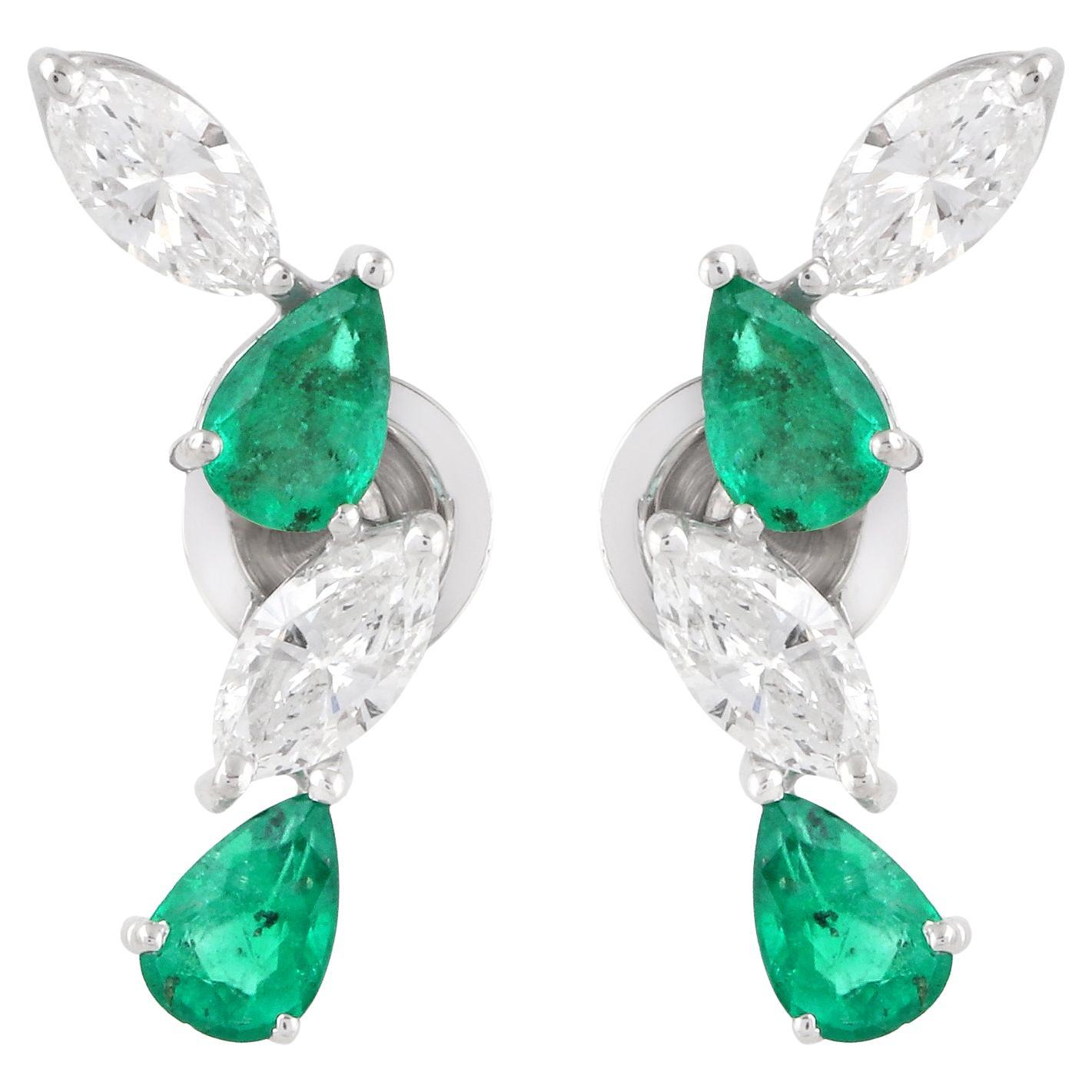 Pear Emerald Gemstone Ear Climber Earrings Diamond 14k White Gold Fine Jewelry For Sale