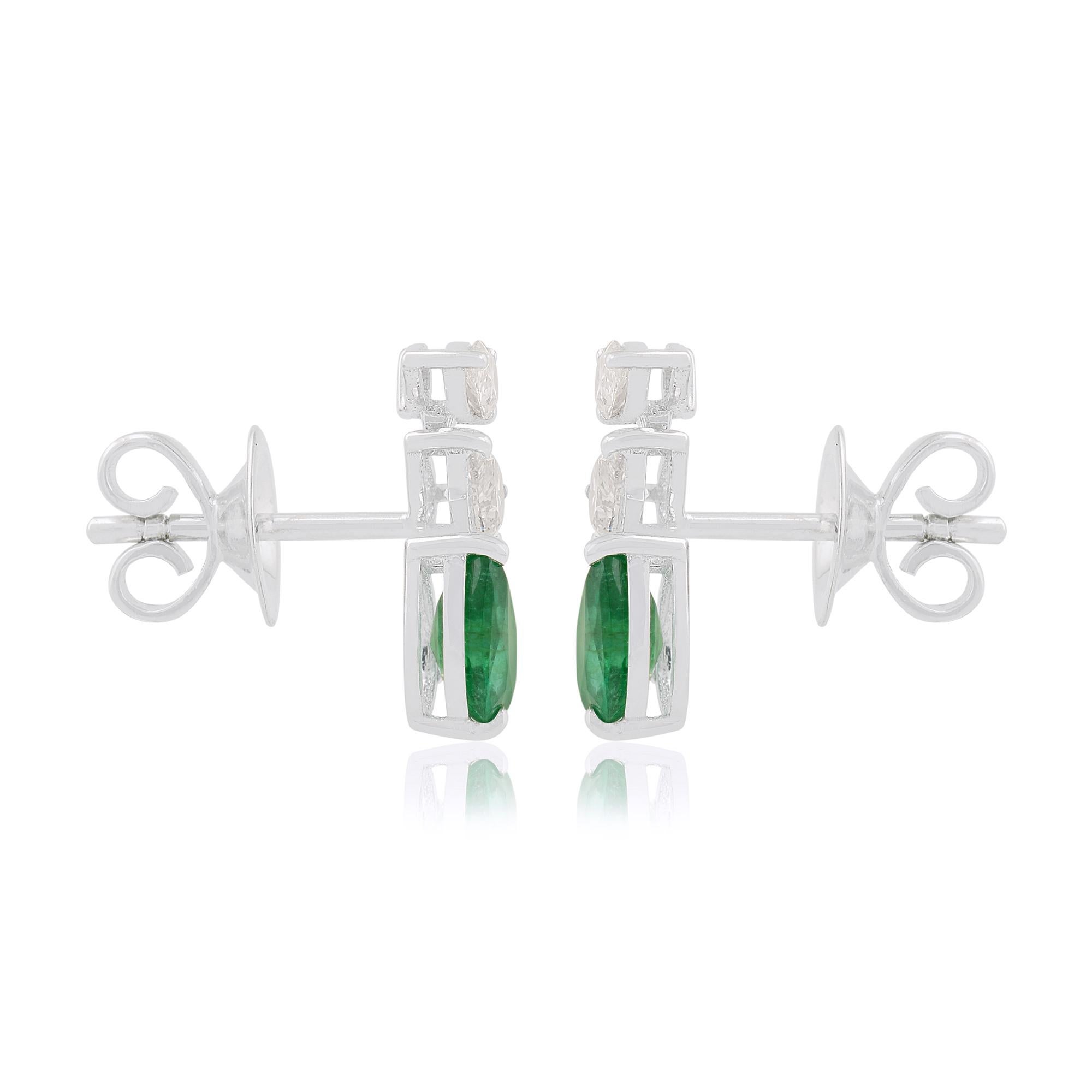 Women's Pear Emerald Gemstone Earrings Diamond Solid 14k White Gold Handmade Jewelry For Sale