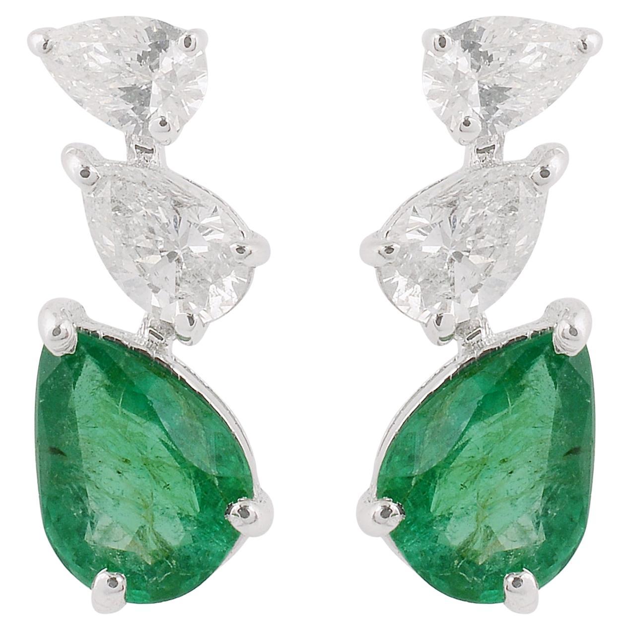 Pear Emerald Gemstone Earrings Diamond Solid 14k White Gold Handmade Jewelry For Sale