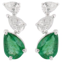 Pear Emerald Gemstone Earrings Diamond Solid 14k White Gold Handmade Jewelry