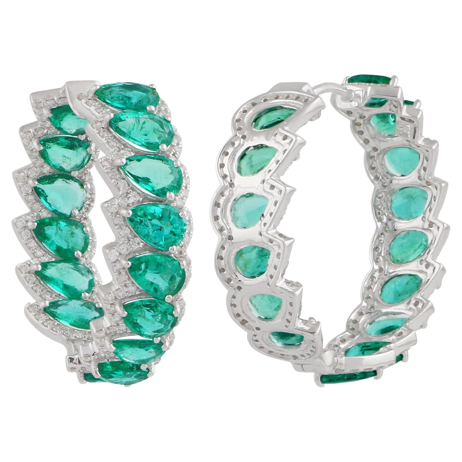 Pear Emerald Gemstone Hoop Earrings Pave Diamond Solid 14k White Gold Jewelry