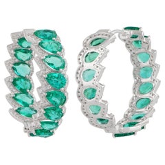 Pear Emerald Gemstone Hoop Earrings Pave Diamond Solid 14k White Gold Jewelry