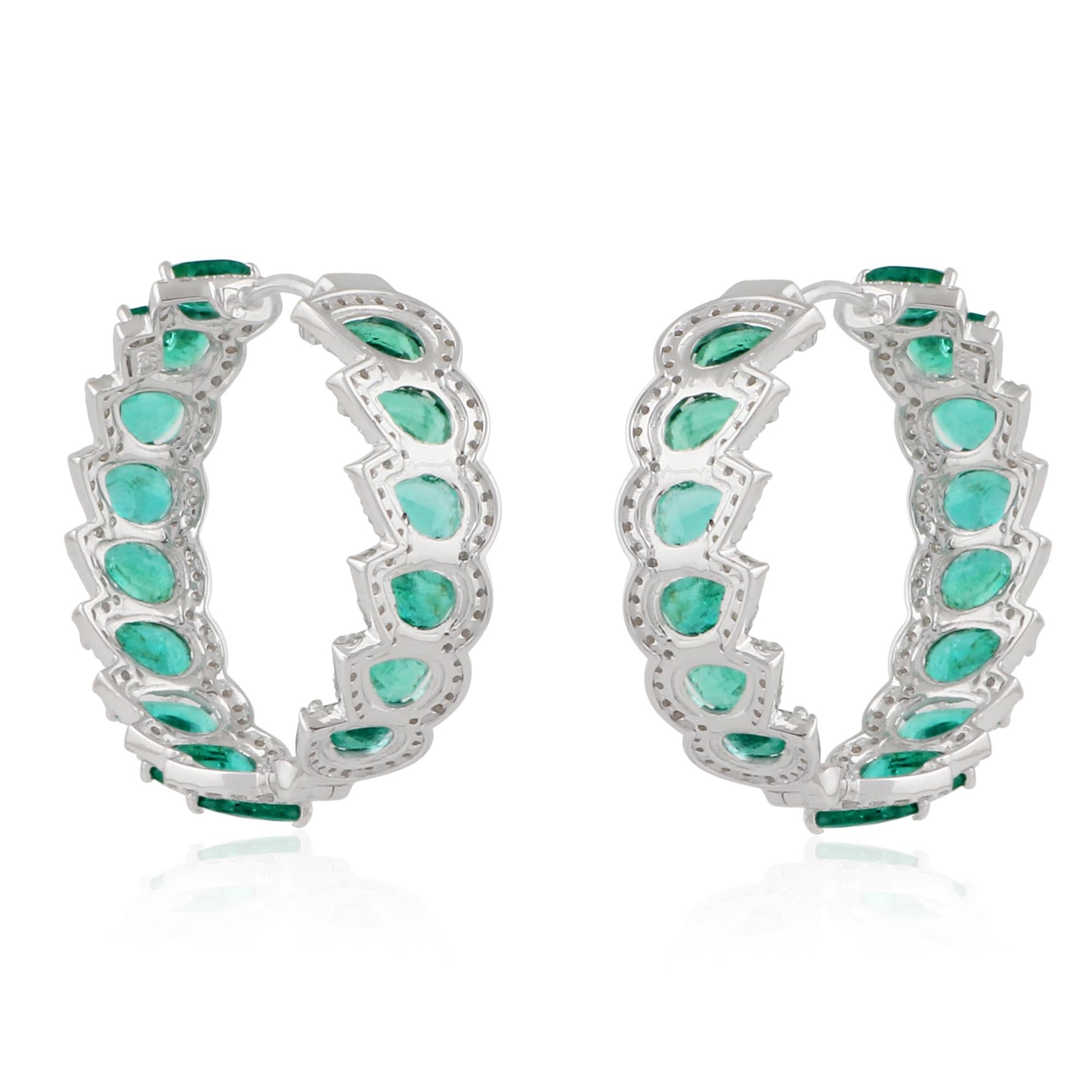 Women's Pear Emerald Gemstone Hoop Earrings Pave Diamond Solid 18k White Gold Jewelry For Sale