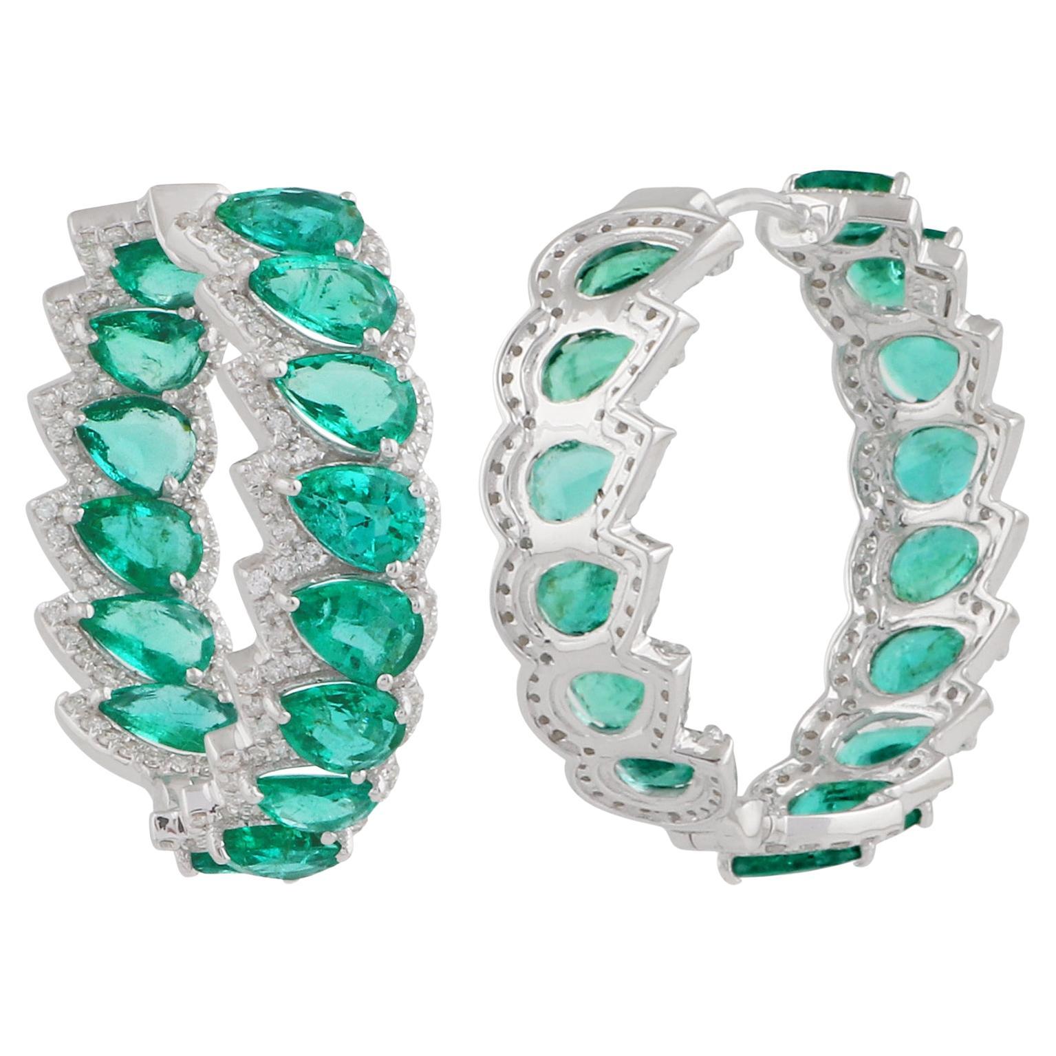 Pendientes de aro esmeralda pera diamante pavé macizo de oro blanco de 18k Joyas