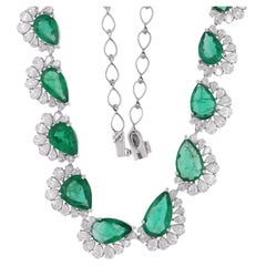 25.58 Carat Pear Emerald Necklace 10.50 Carat SI/H Diamond 10 Karat White Gold