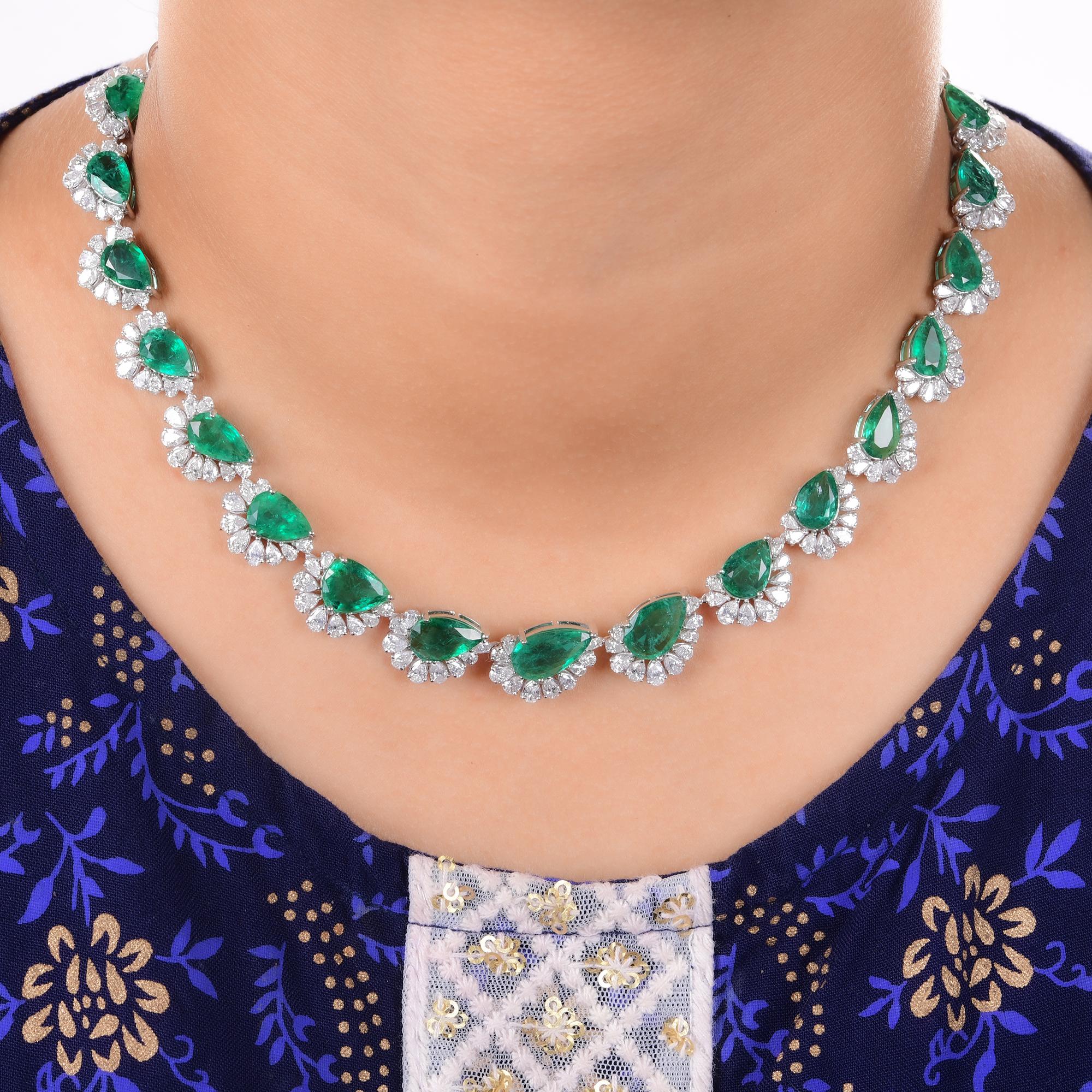 Pear Cut Pear Emerald Gemstone Necklace Diamond 14 Karat White Gold Handmade Fine Jewelry For Sale