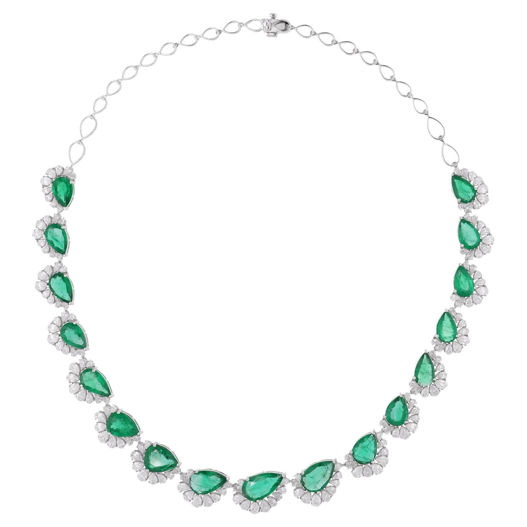 Pear Emerald Gemstone Necklace Diamond 14 Karat White Gold Handmade Fine Jewelry For Sale