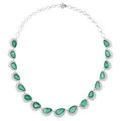 Pear Emerald Gemstone Necklace Diamond 14 Karat White Gold Handmade Fine Jewelry