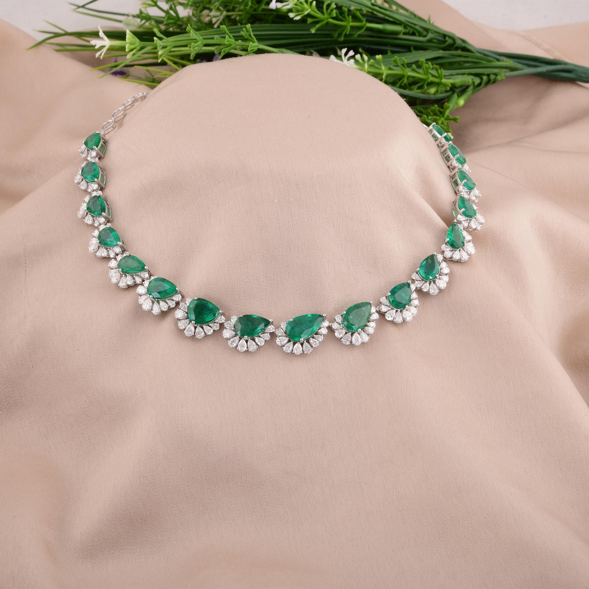 Indulge in the timeless allure of sophistication with our exquisite Pear Emerald Gemstone Necklace, a breathtaking fusion of natural beauty and fine craftsmanship. Handmade with precision and passion from 18 karat white gold, this necklace is