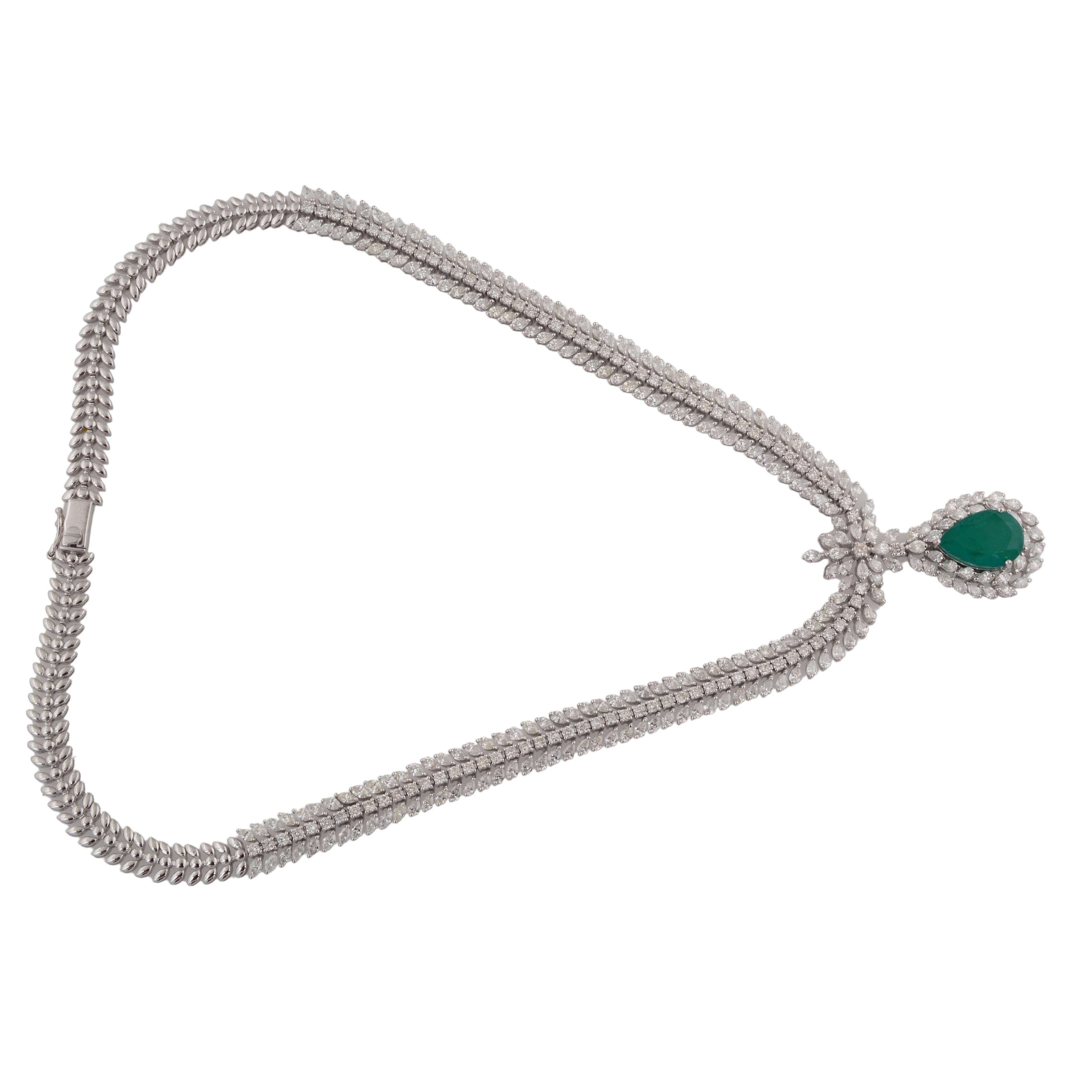 Pear Cut Pear Emerald Gemstone Pendant Diamond Pave Necklace 18 Karat White Gold Jewelry For Sale