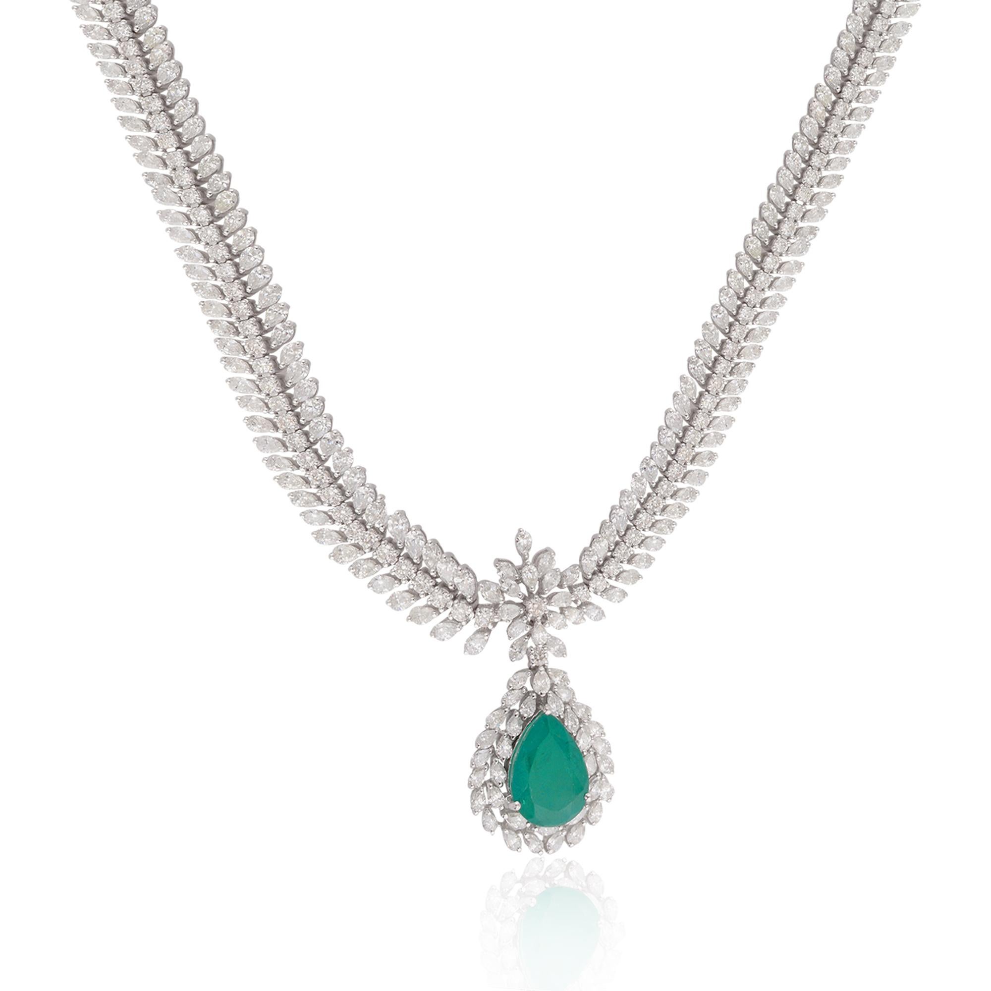 The focal point of this necklace is the mesmerizing pear-shaped emerald gemstone. Known for its unique teardrop silhouette and vibrant green color, the emerald exudes natural beauty and prestige. Its faceted cut enhances its brilliance and radiance,