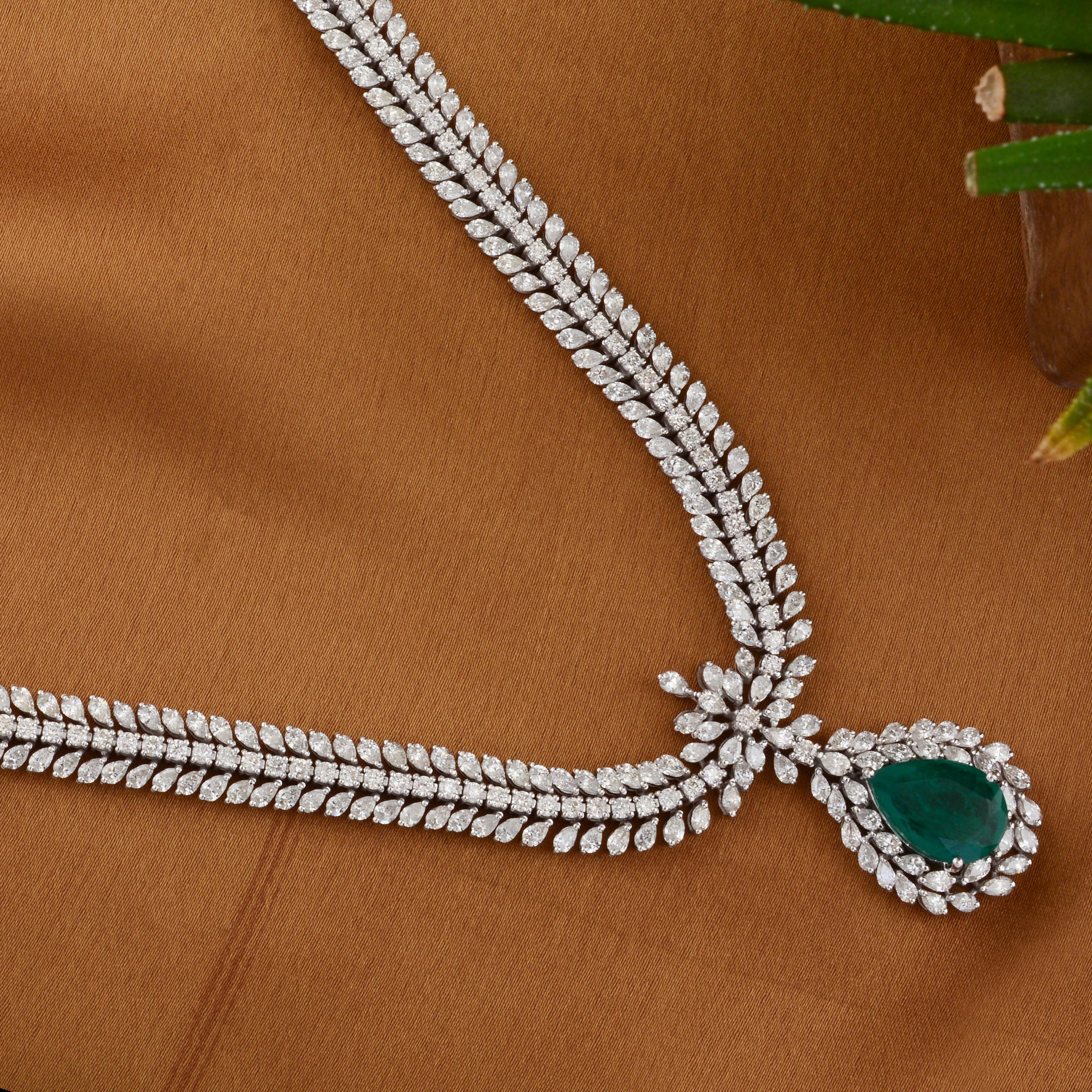 Modern Pear Emerald Gemstone Pendant Diamond Pave Necklace 18 Karat White Gold Jewelry For Sale