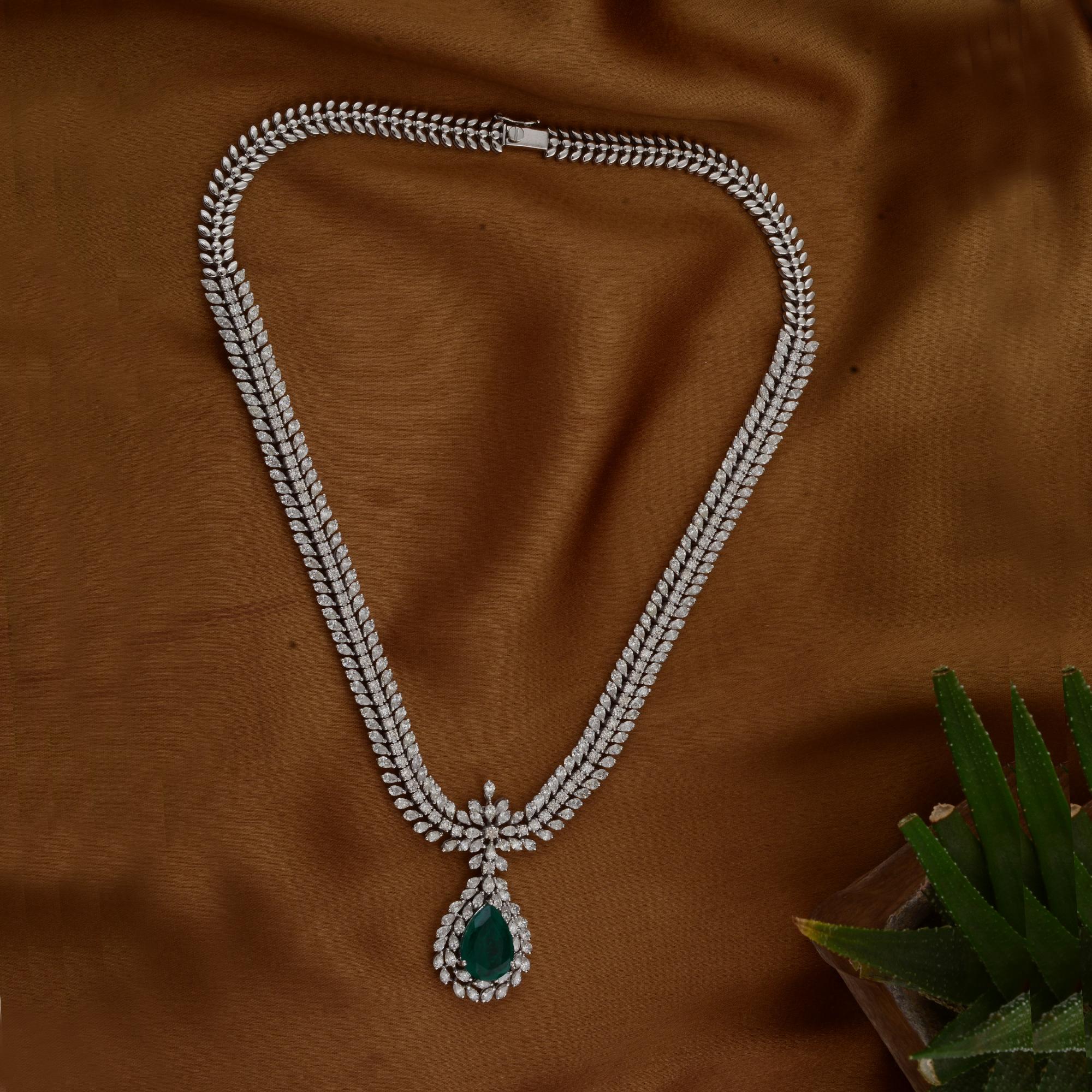 Pear Emerald Gemstone Pendant Diamond Pave Necklace 18 Karat White Gold Jewelry For Sale 1