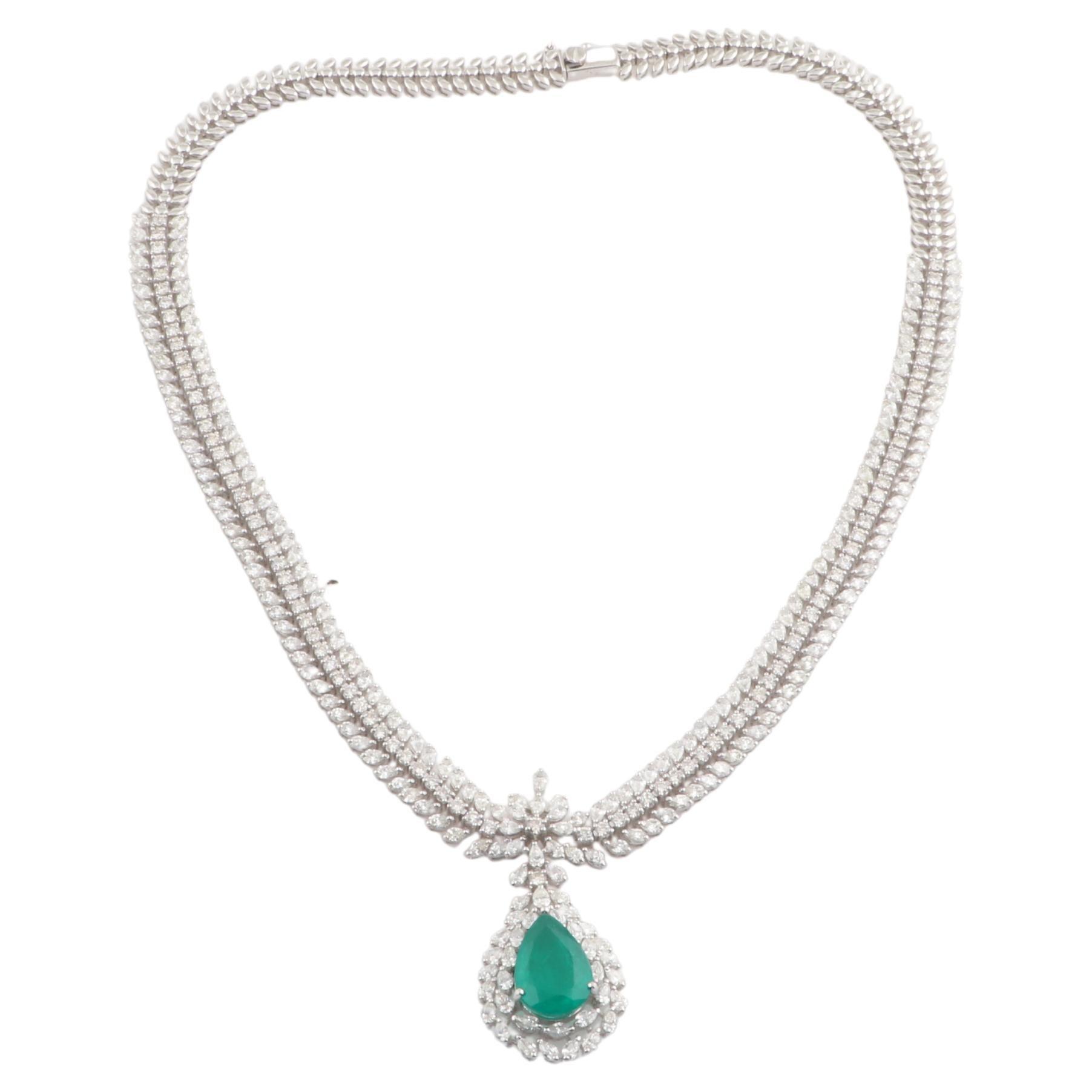 Pear Natural Emerald Gemstone Necklace Diamond Pave 18 Karat White Gold