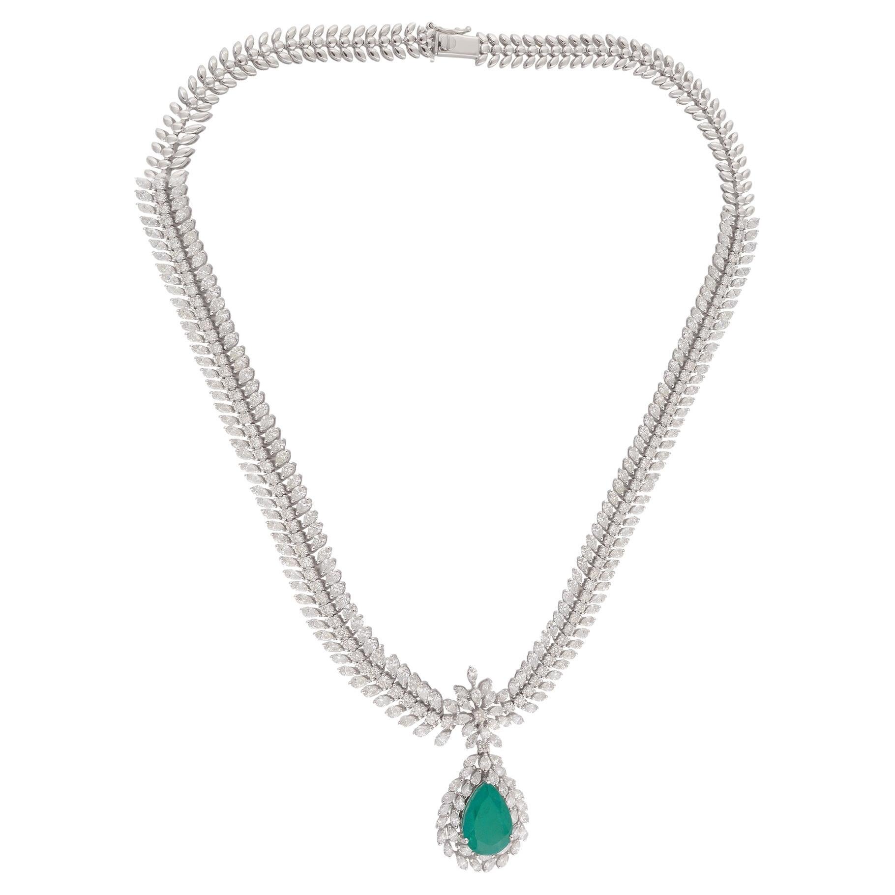 Pear Emerald Gemstone Pendant Diamond Pave Necklace 18 Karat White Gold Jewelry For Sale