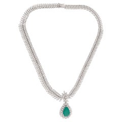 Pear Emerald Gemstone Pendant Diamond Pave Necklace 18 Karat White Gold Jewelry