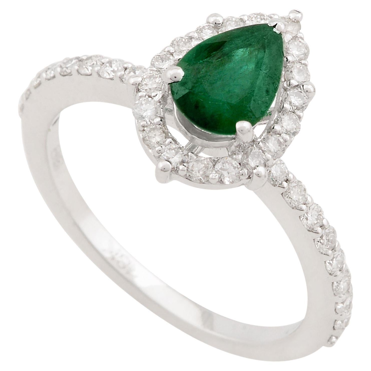 For Sale:  Pear Emerald Gemstone Ring Diamond Pave Solid 18k White Gold Handmade Jewelry