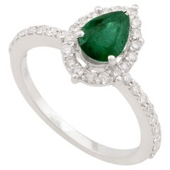 Pear Emerald Gemstone Ring Diamond Pave Solid 18k White Gold Handmade Jewelry
