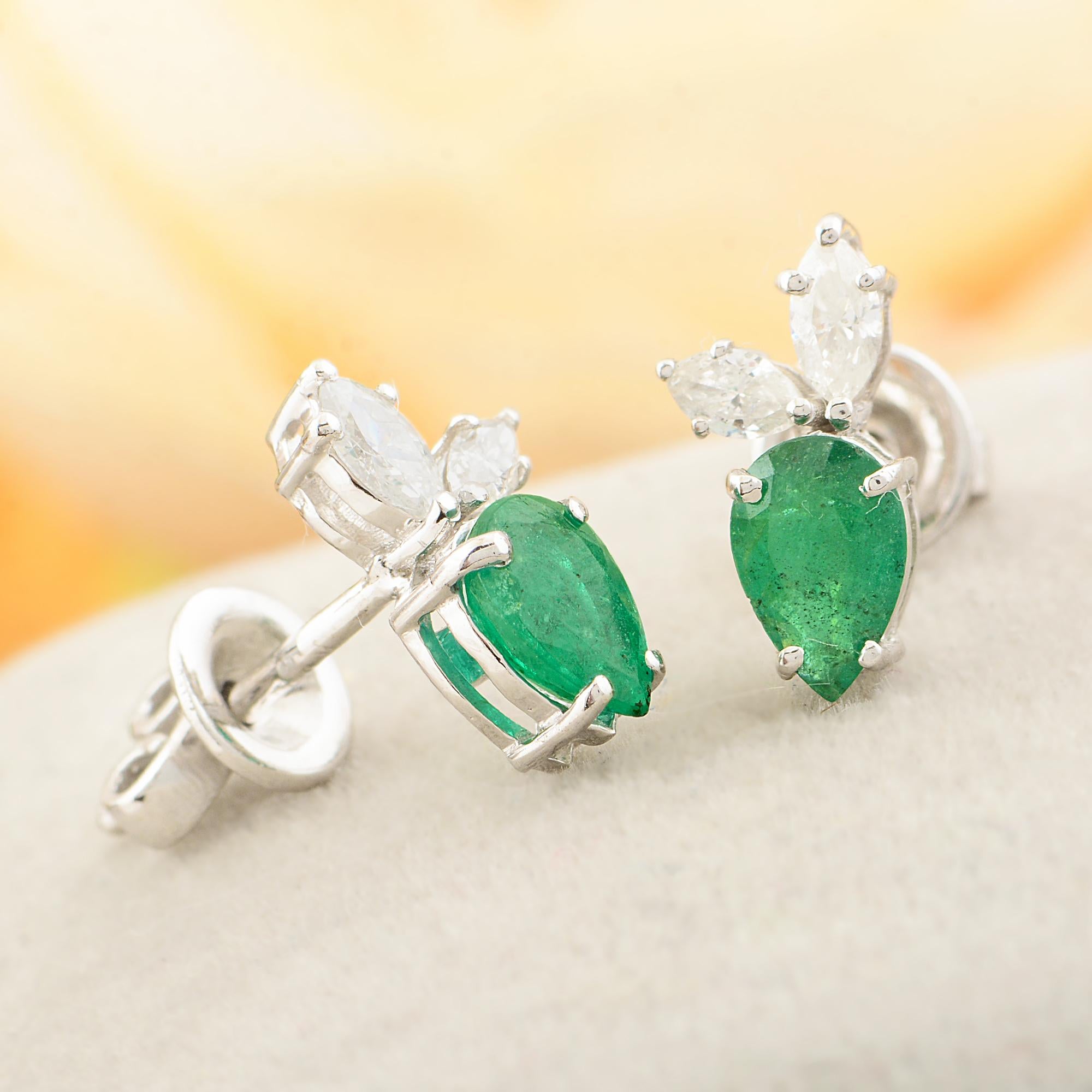Modern Pear Emerald Gemstone Stud Earrings Diamond 10k White Gold Handmade Fine Jewelry For Sale