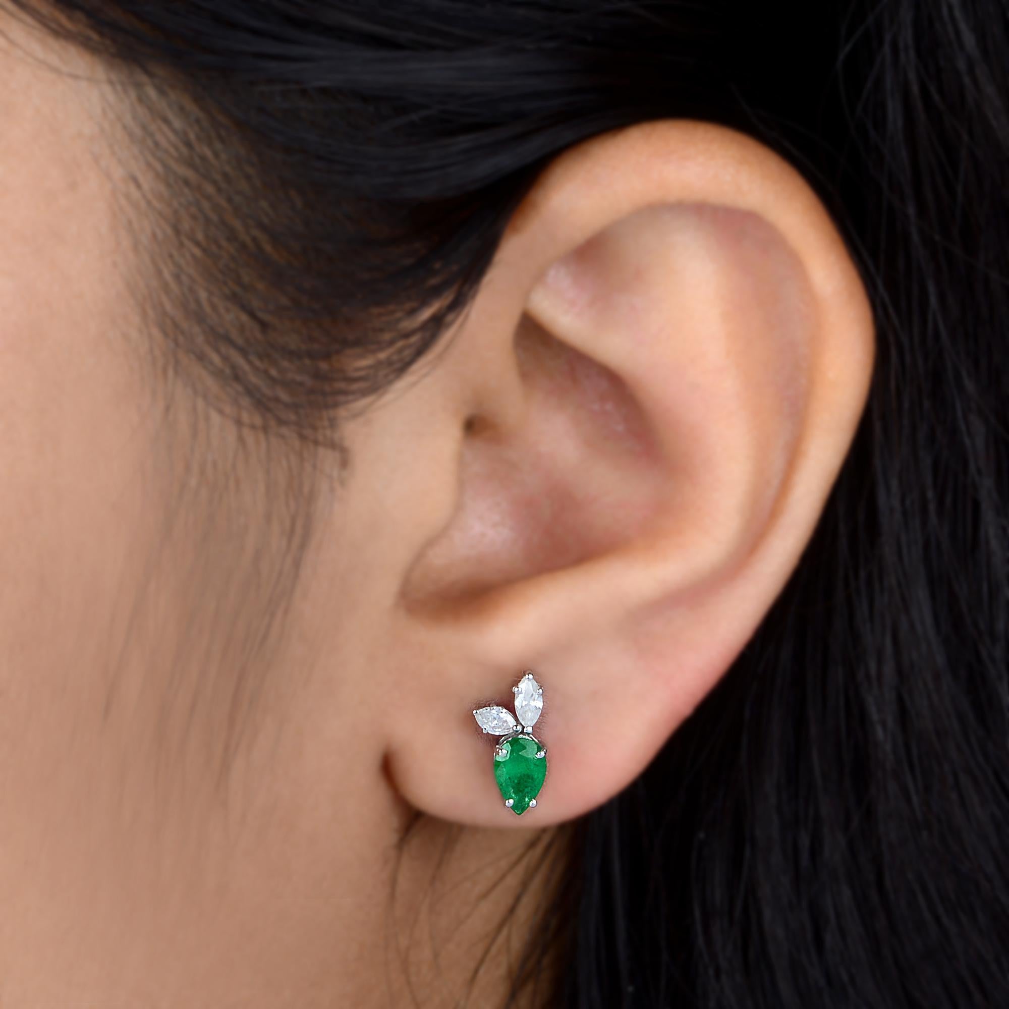 Pear Cut Pear Emerald Gemstone Stud Earrings Diamond 10k White Gold Handmade Fine Jewelry For Sale