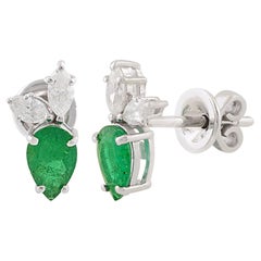 Pear Emerald Gemstone Stud Earrings Diamond 10k White Gold Handmade Fine Jewelry