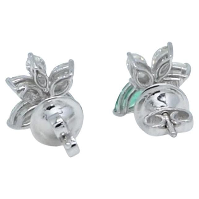 Modern Pear Zambian Emerald Gemstone Stud Earrings Marquise Diamond 18 Karat White Gold For Sale