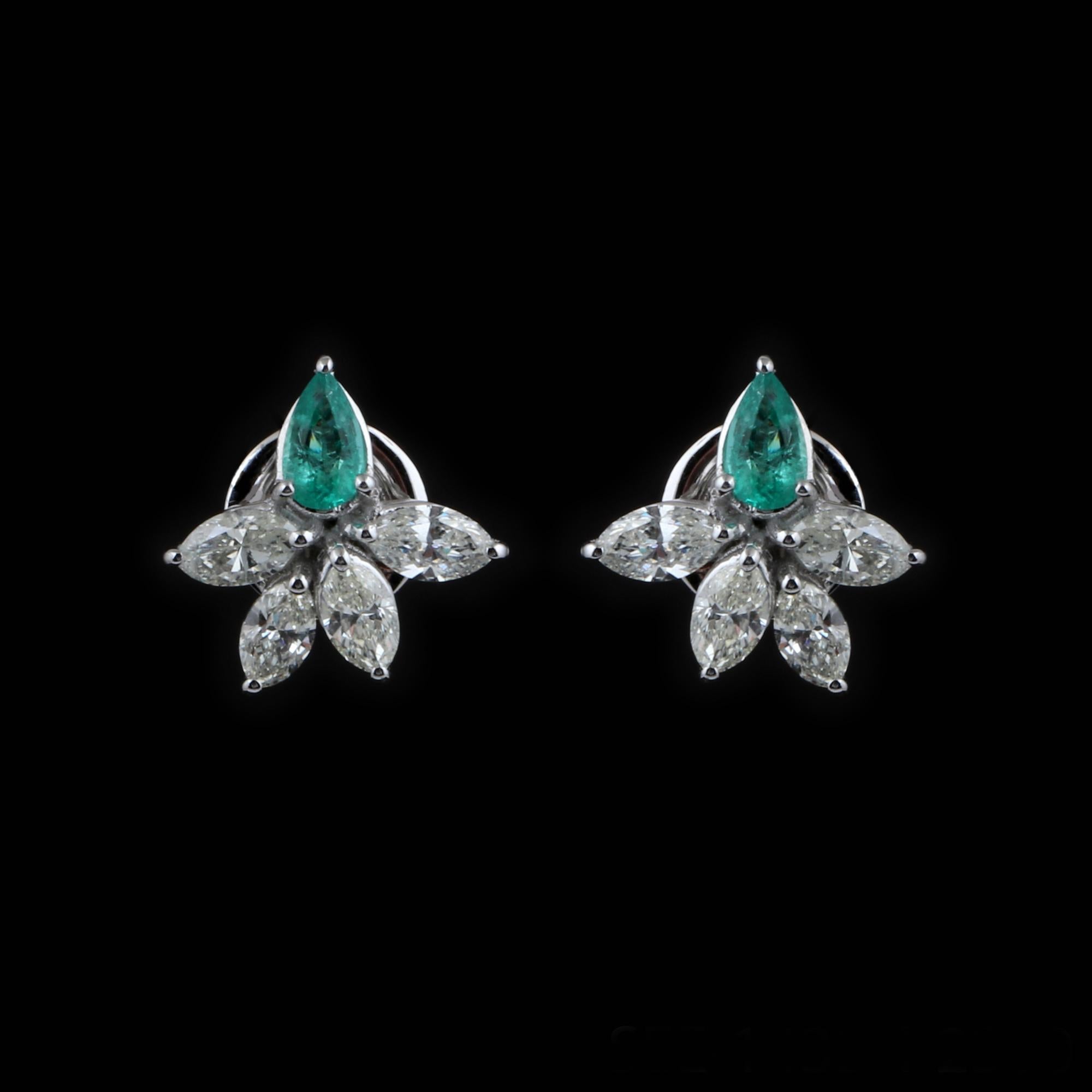 Women's Pear Zambian Emerald Gemstone Stud Earrings Marquise Diamond 18 Karat White Gold For Sale
