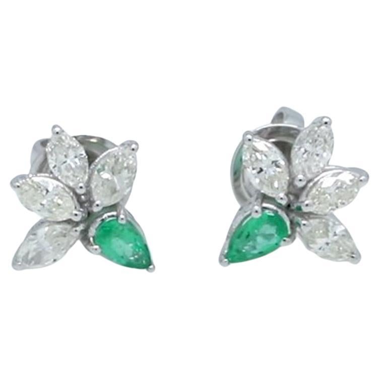 Natural Emerald Gemstone Stud Earrings Pear Diamond 18 Karat White Gold