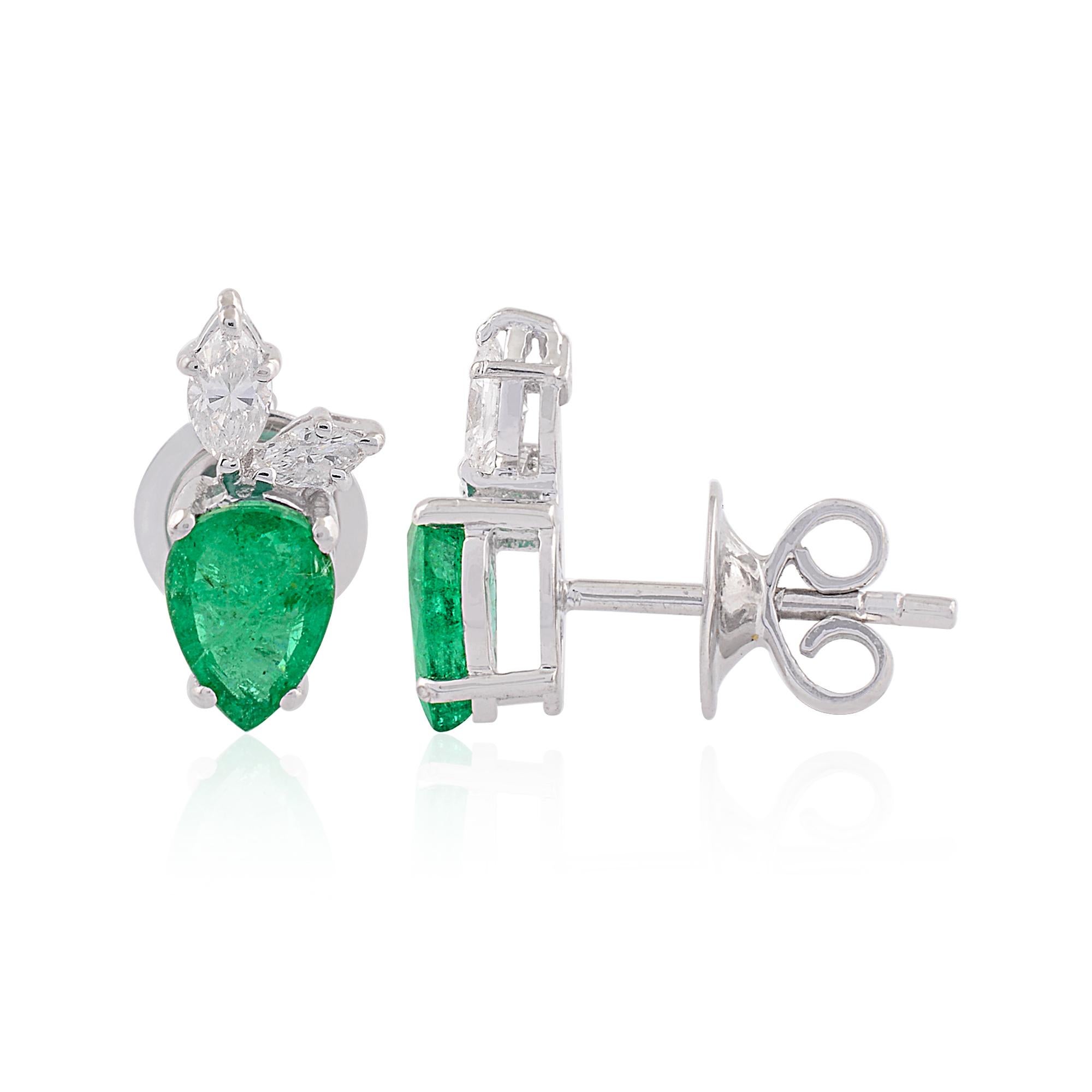 Item Code :- SEE-1328H
Gross Wt. :- 2.94 gm
18k Solid White Gold Wt. :- 2.65 gm
Natural Diamond Wt. :- 0.28 Ct  ( AVERAGE DIAMOND CLARITY SI1-SI2 & COLOR H-I )
Zambian Emerald Wt. :- 1.15 Ct
Earrings Size :- 11 x 5.5 mm approx.

✦