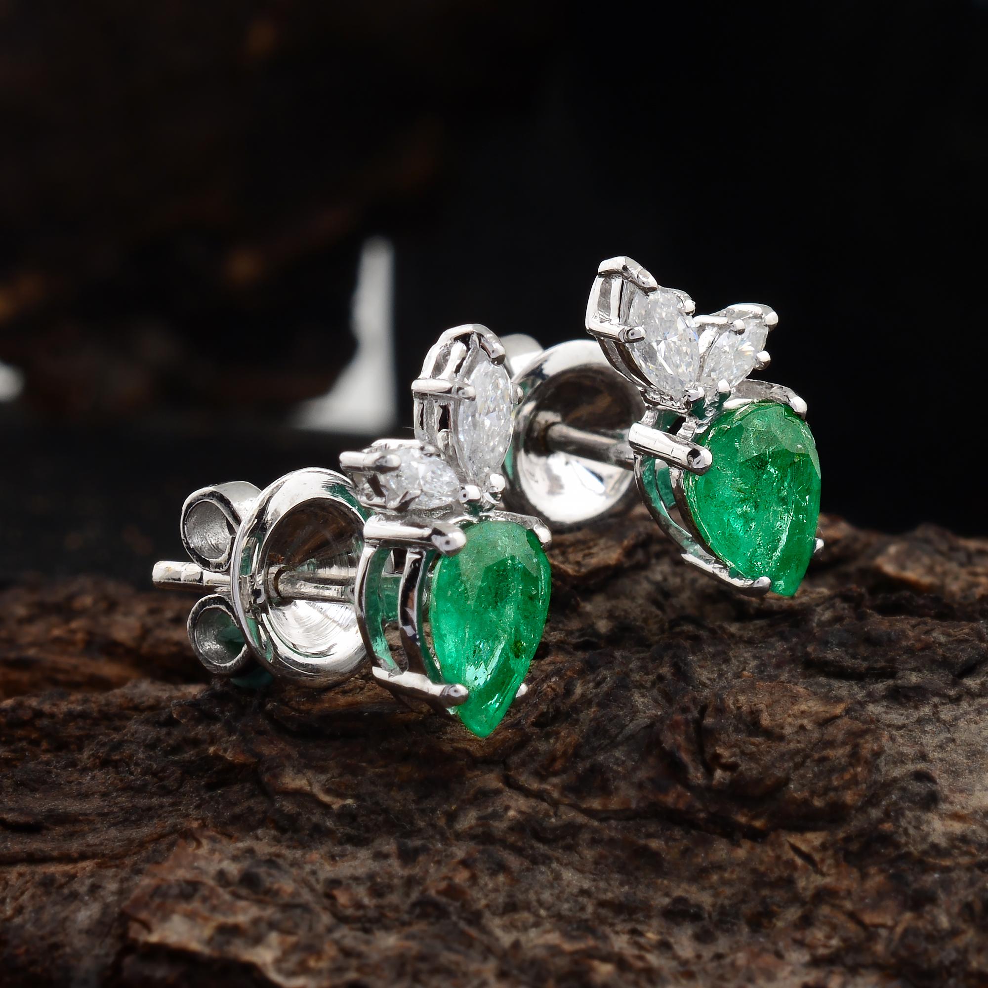 Modern Real Pear Emerald Gemstone Stud Earrings Marquise Diamond 18k White Gold Jewelry For Sale