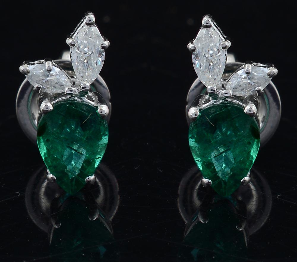 Pear Cut Real Pear Emerald Gemstone Stud Earrings Marquise Diamond 18k White Gold Jewelry For Sale