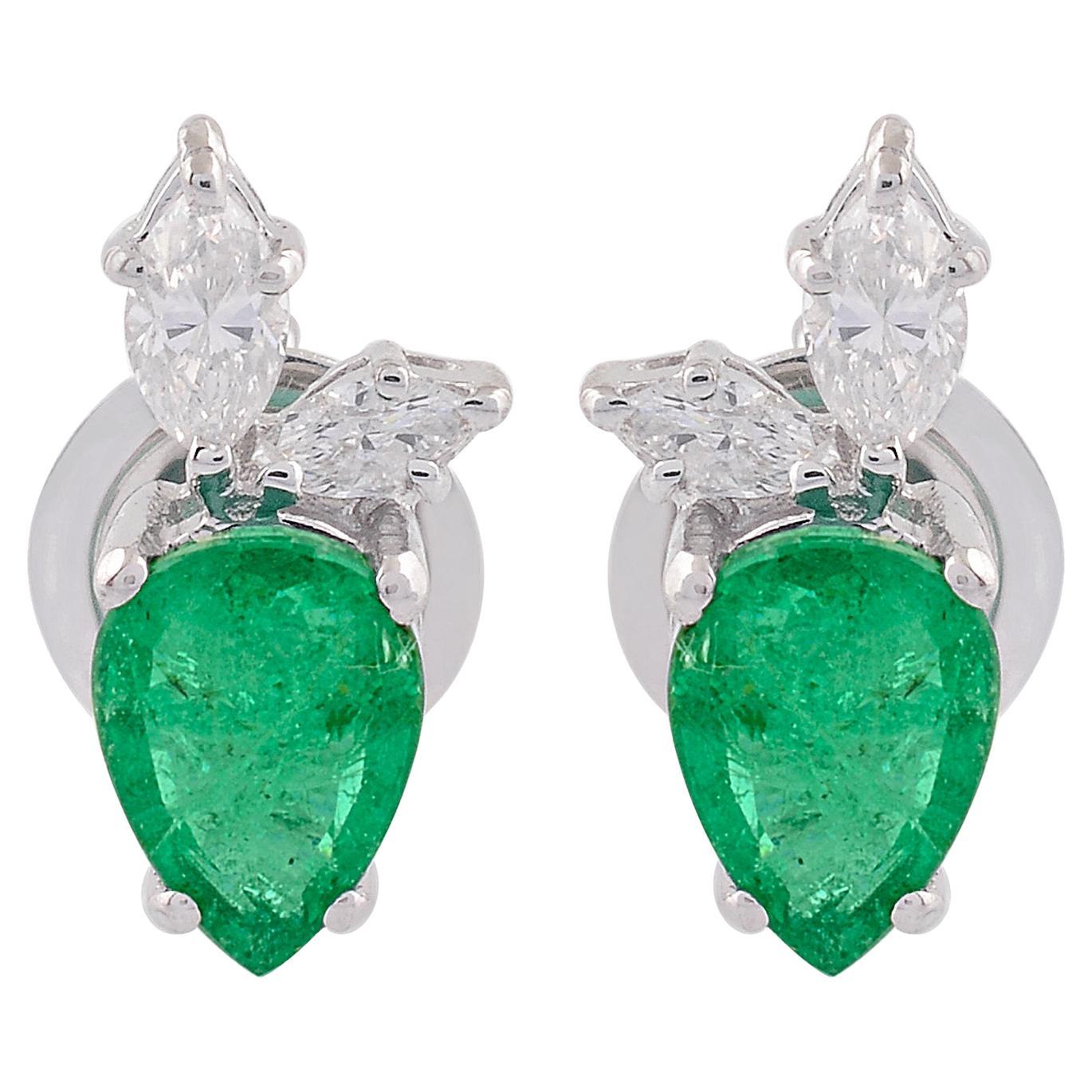 Pear Emerald Gemstone Stud Earrings Marquise Diamond 18k White Gold Fine Jewelry
