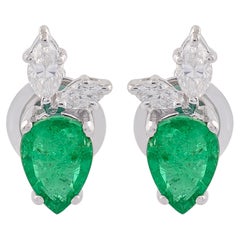 Pear Emerald Gemstone Stud Earrings Marquise Diamond 18k White Gold Fine Jewelry