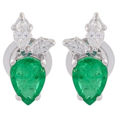 Real Pear Emerald Gemstone Stud Earrings Marquise Diamond 18k White Gold Jewelry