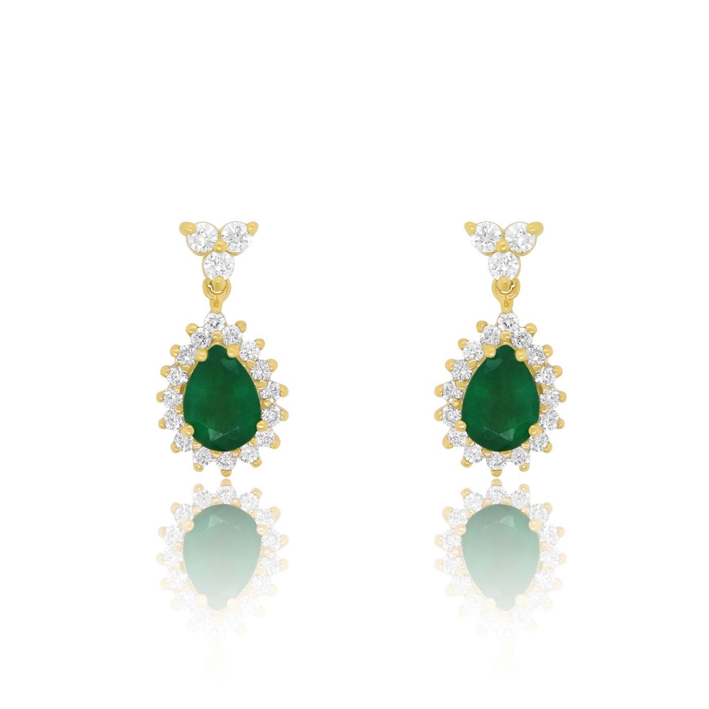 Contemporary Pear Emerald Halo Round Diamond Dangle Earrings 14K Yellow Gold For Sale