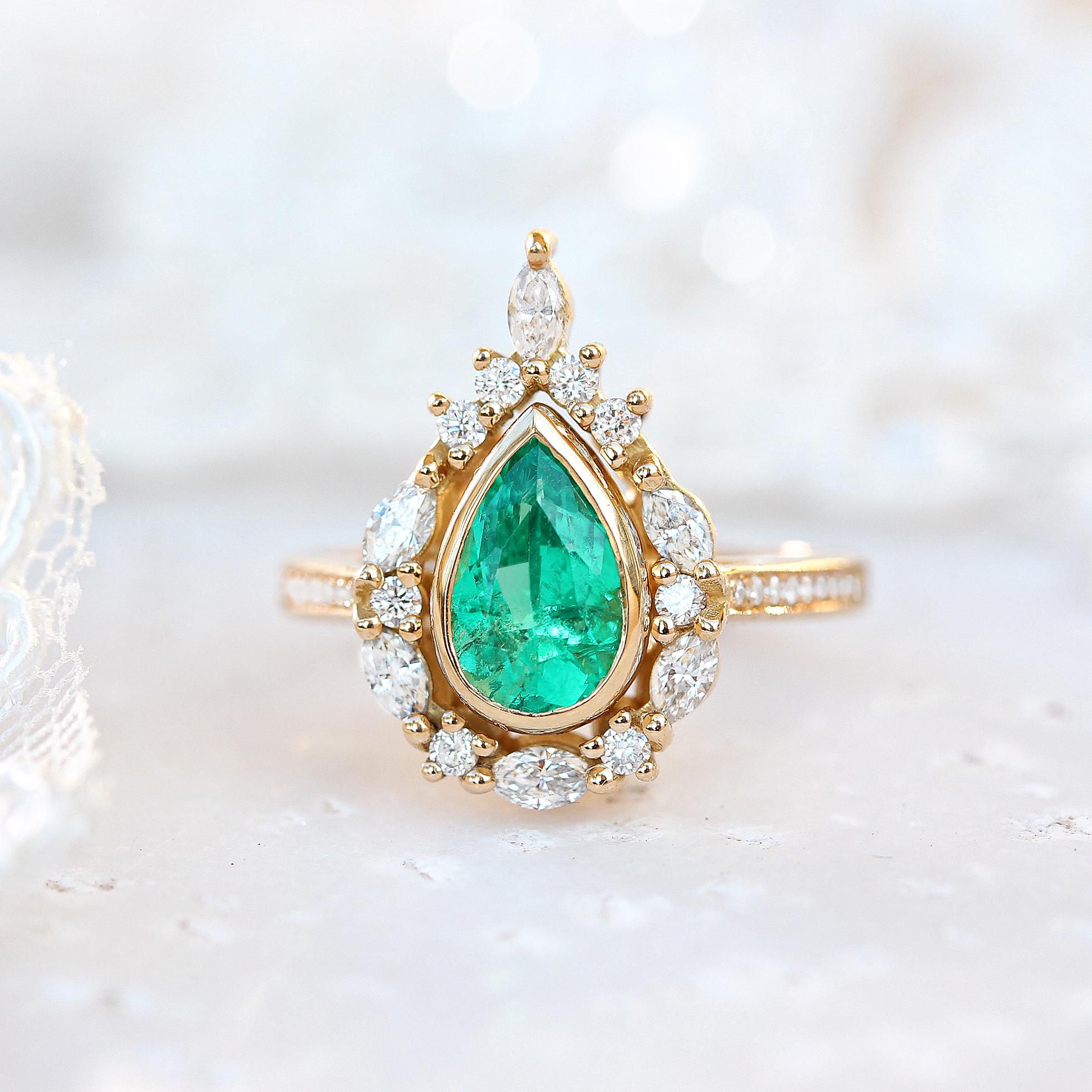 Pear Cut Pear Emerald Halo Unique Engagement Two Ring Set, Eva For Sale