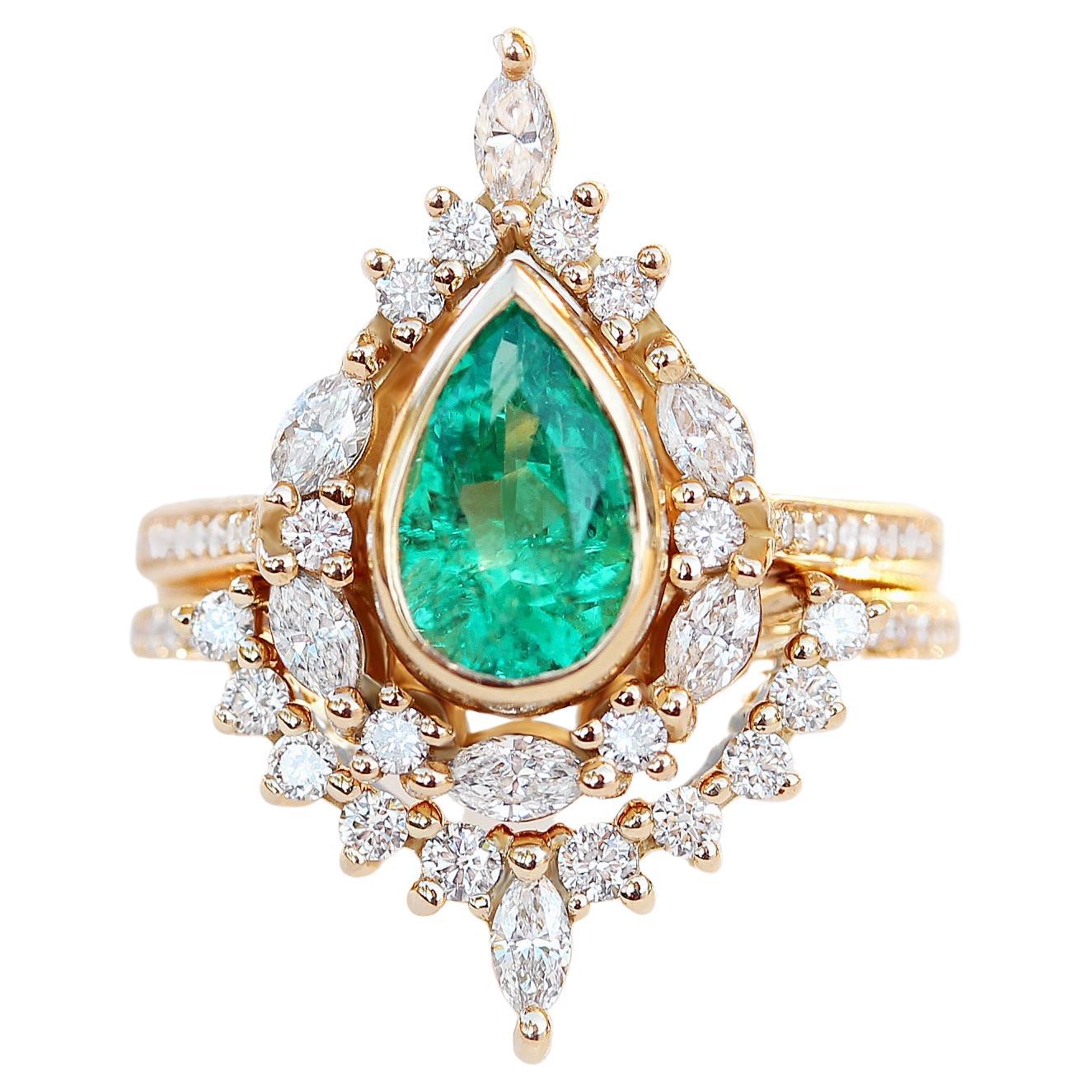 Pear Emerald Halo Unique Engagement Two Ring Set, Eva For Sale