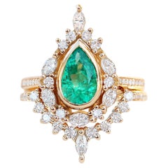 Pear Emerald Halo Unique Engagement Two Ring Set, Eva