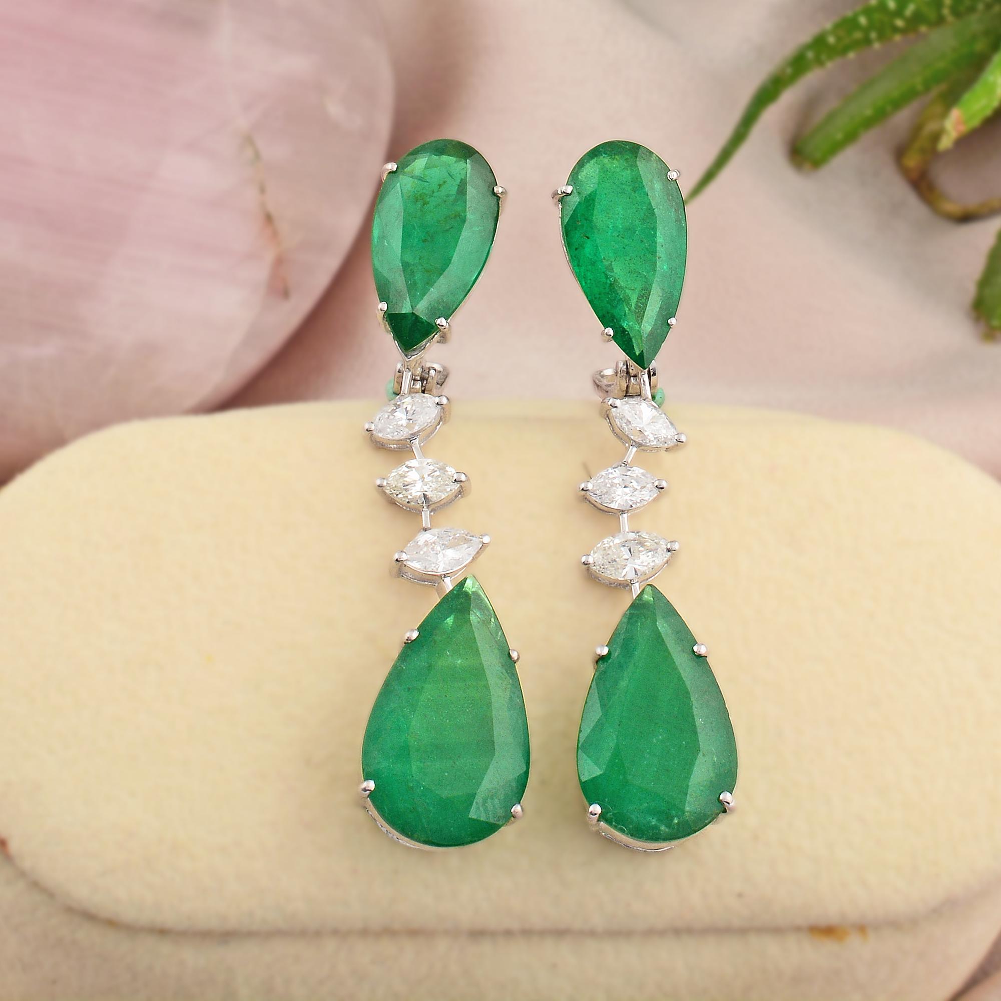 Modern Pear Emerald Marquise Diamond Dangle Earrings Solid 14k White Gold Fine Jewelry For Sale