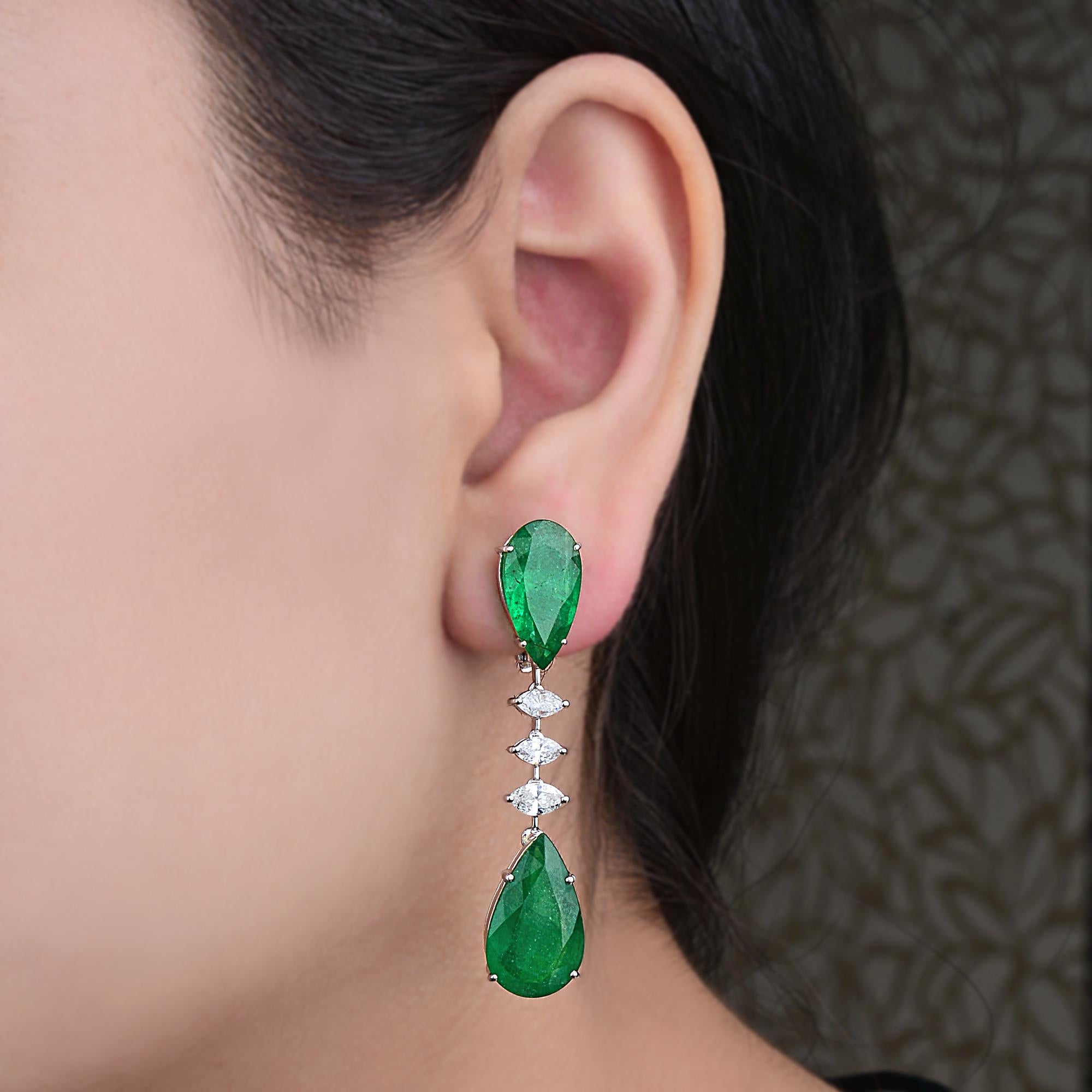 Modern Pear Zambian Emerald Marquise Diamond Fine Dangle Earrings Solid 14k White Gold For Sale