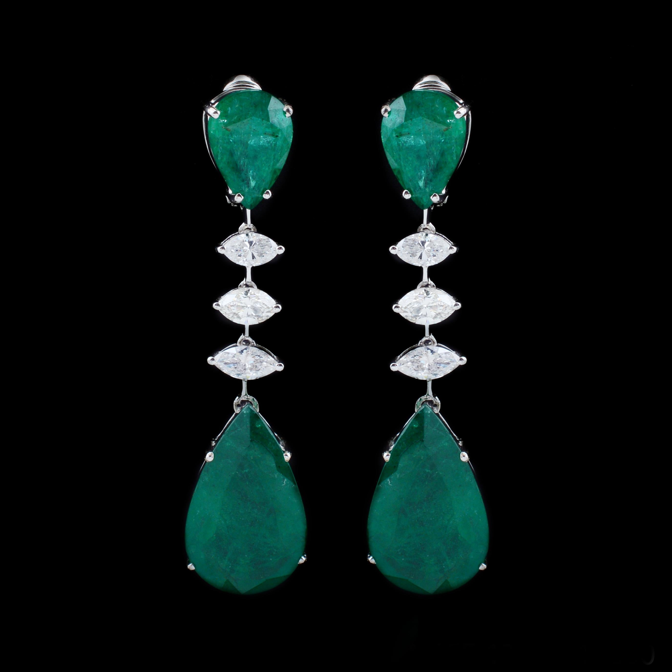 Pear Cut Pear Zambian Emerald Marquise Diamond Fine Dangle Earrings Solid 14k White Gold For Sale