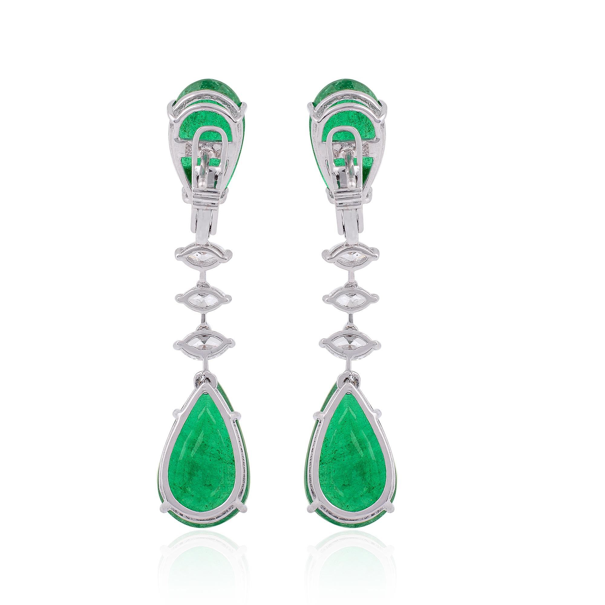 Women's Pear Zambian Emerald Marquise Diamond Fine Dangle Earrings Solid 14k White Gold For Sale