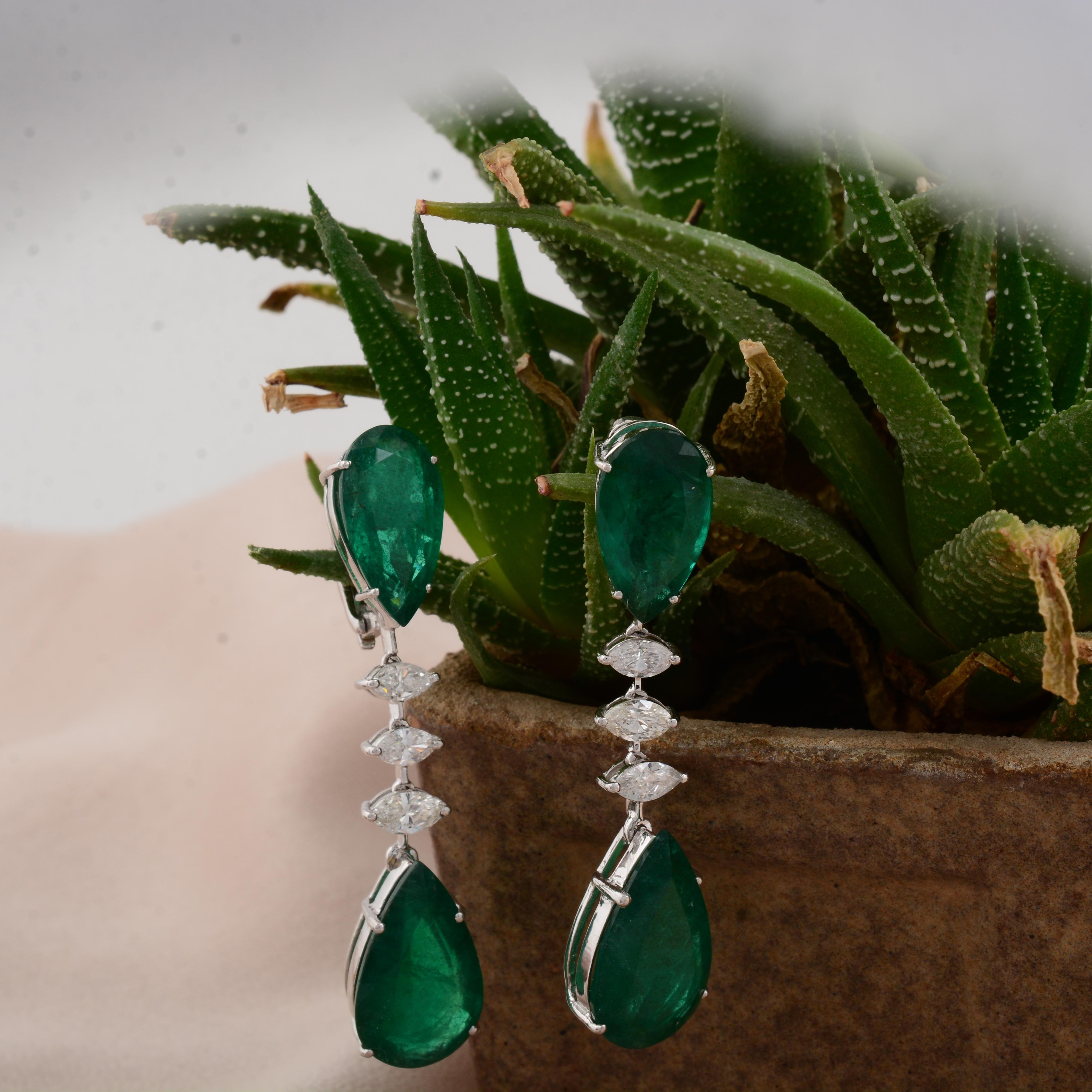 Pear Zambian Emerald Marquise Diamond Fine Dangle Earrings Solid 14k White Gold For Sale 1