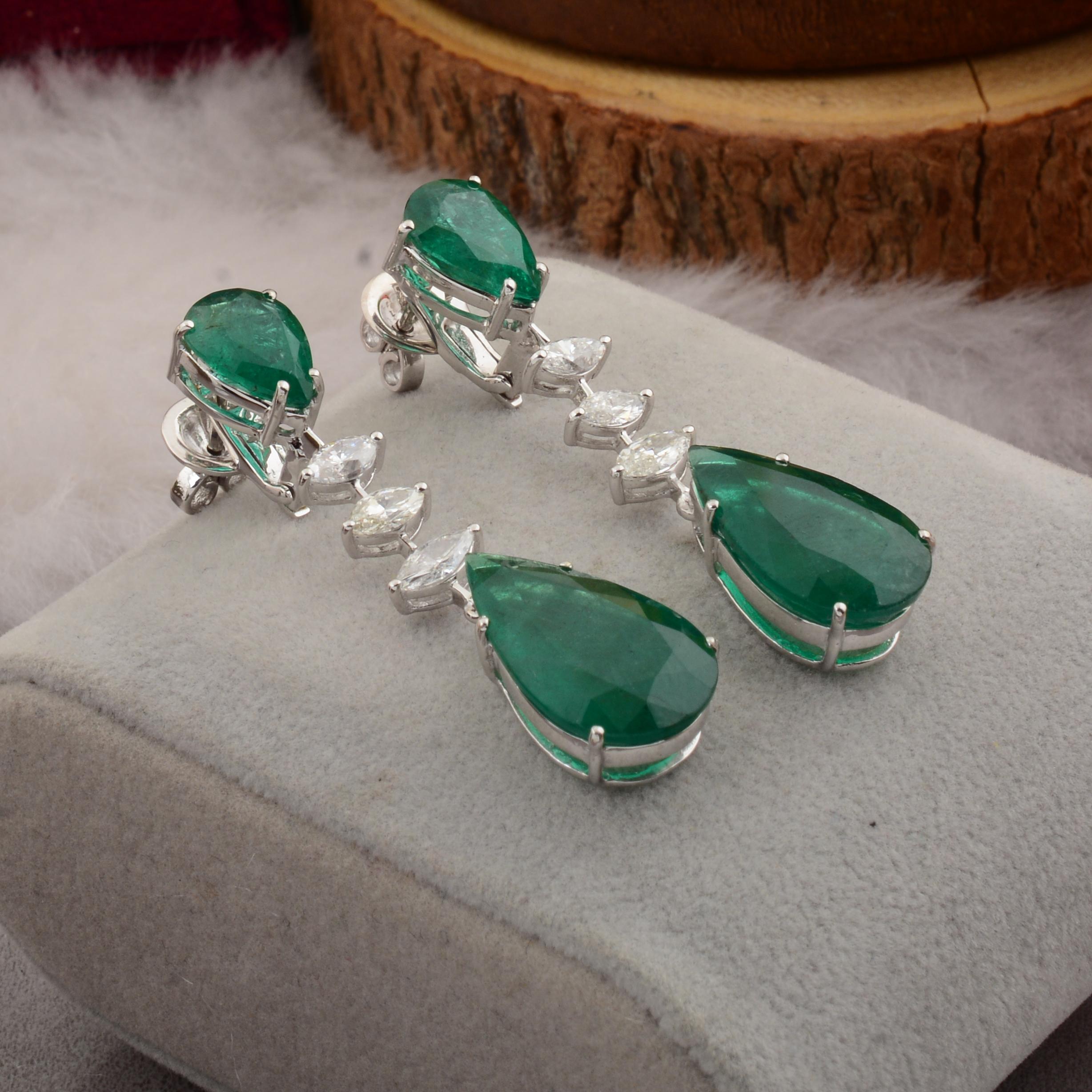 Pear Zambian Emerald Marquise Diamond Fine Dangle Earrings Solid 14k White Gold For Sale 2