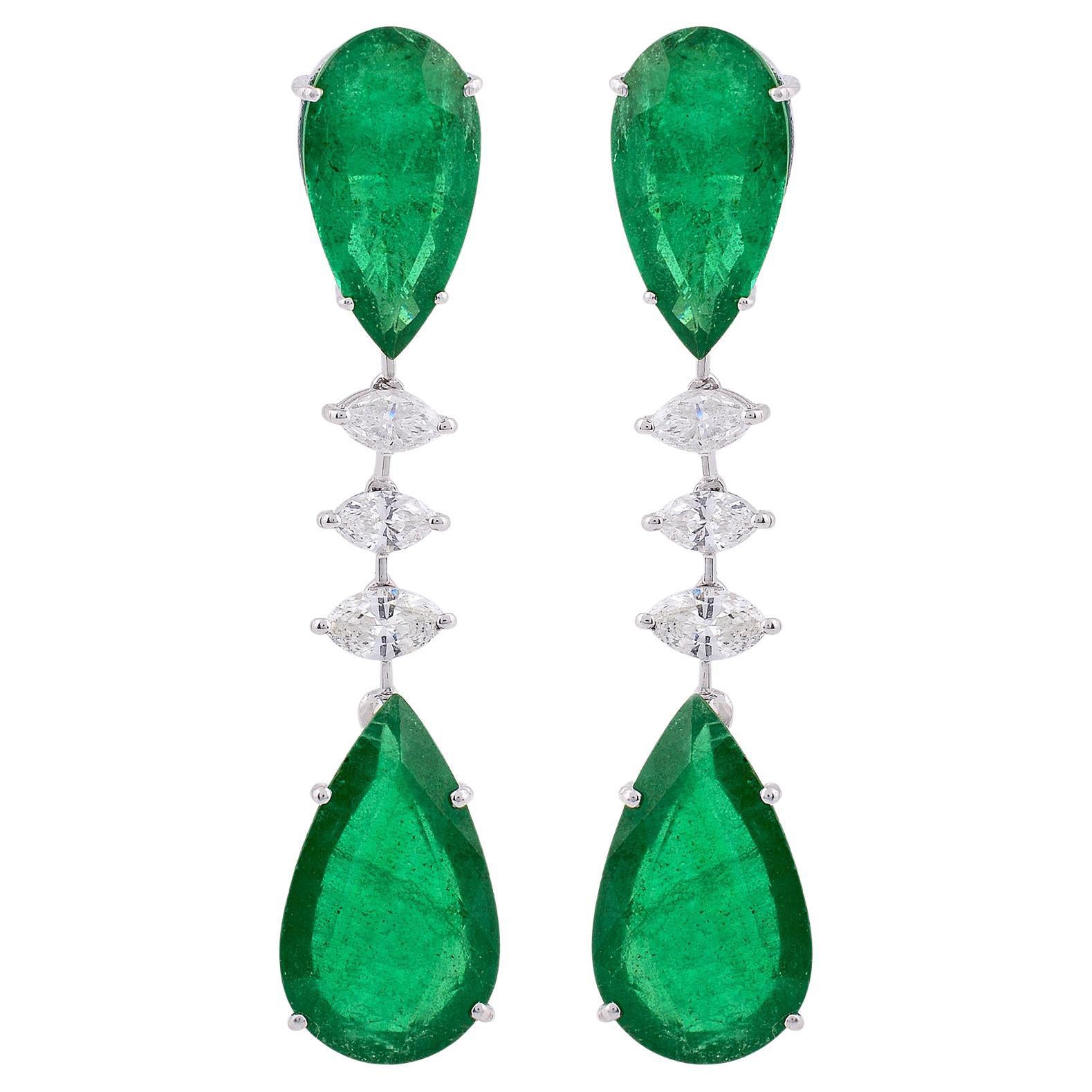 Pear Emerald Marquise Diamond Dangle Earrings Solid 14k White Gold Fine Jewelry For Sale