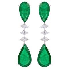 Pear Emerald Marquise Diamond Dangle Earrings Solid 14k White Gold Fine Jewelry