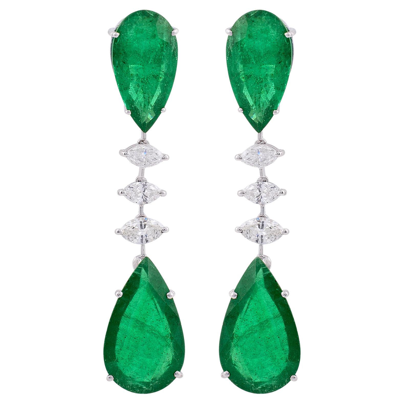 Pear Zambian Emerald Marquise Diamond Fine Dangle Earrings Solid 14k White Gold