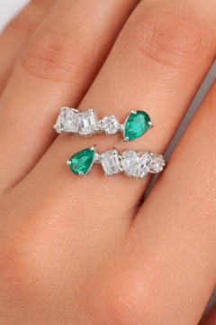 Pear Emerald Multi Diamonds Bypass Ring 14k White Gold