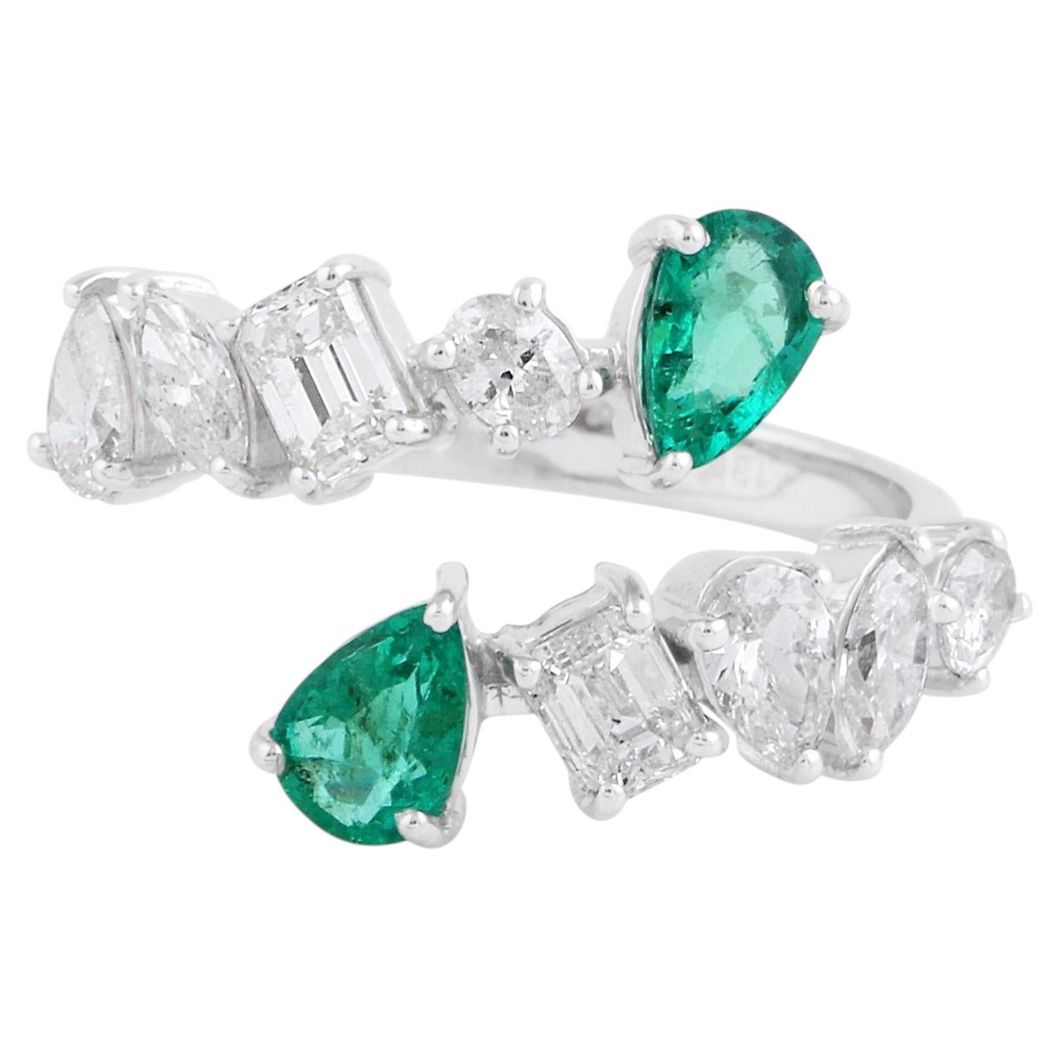 Pear Emerald Multi Diamonds Bypass Ring 14k White Gold