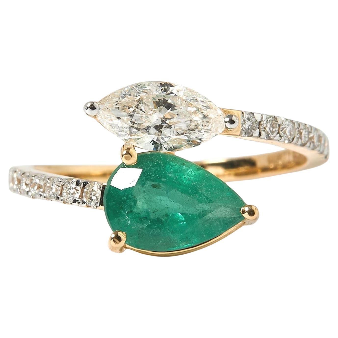 Pear Emerald Natural Diamond Bypass Ring in 14k Solid Gold (Certified)